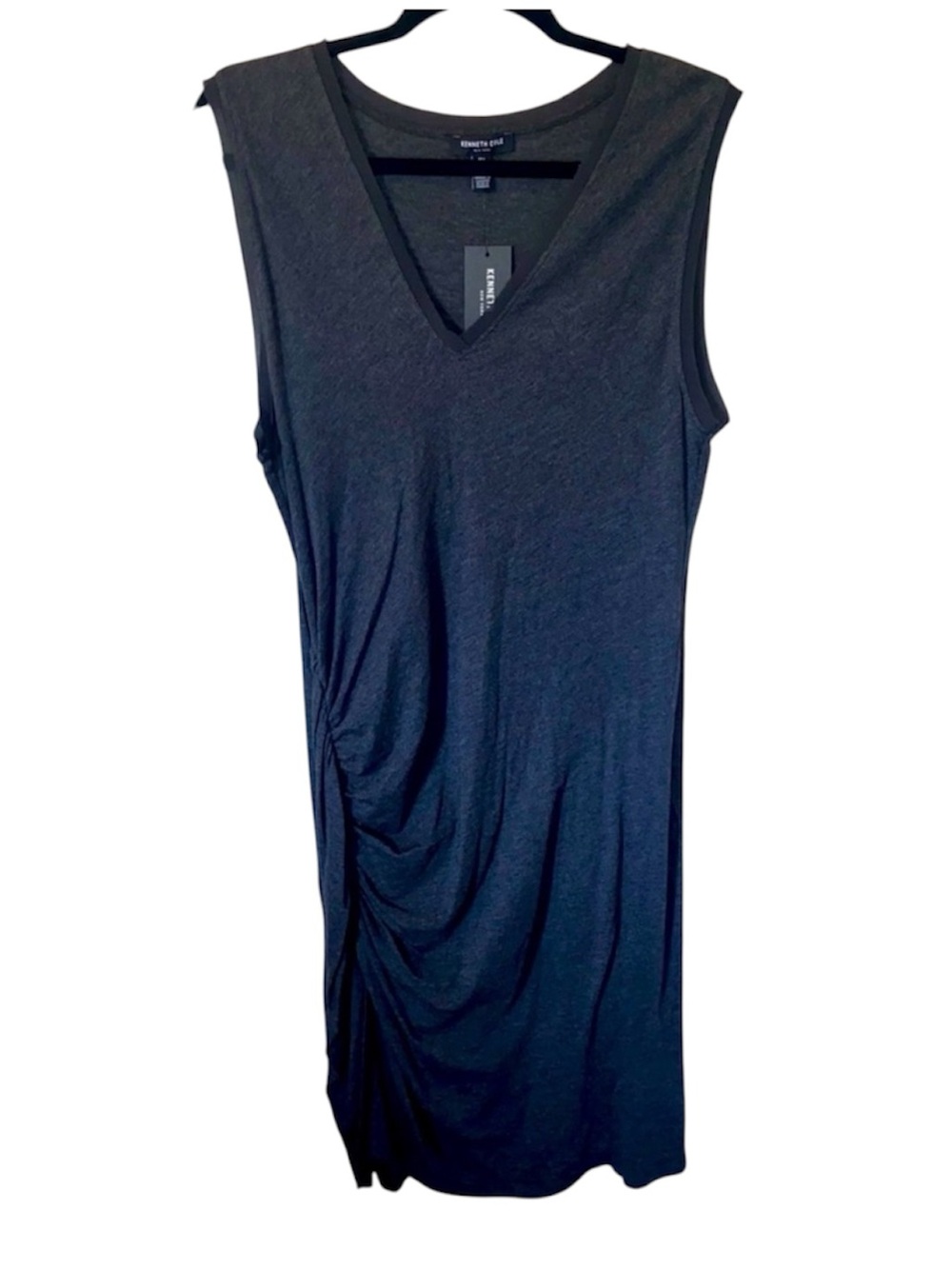 Kenneth Cole Dress Women’s L Shift Midi Jersey V-Neck Charcoal Gray Side Ruching